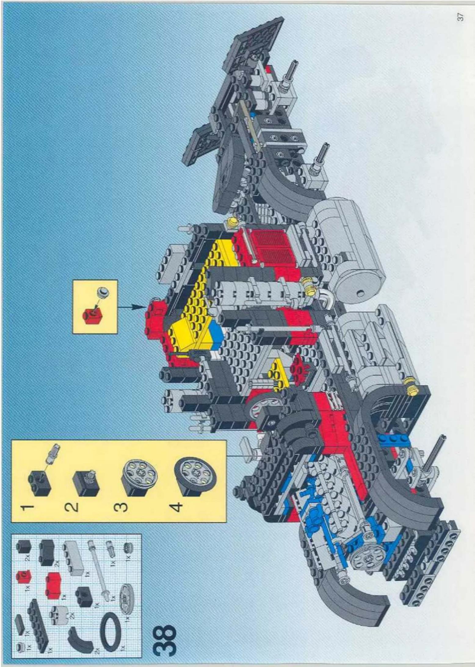 Technical diagram of a LEGO mechanical assembly with numbered parts and exploded view, showing exploded view and component layout.