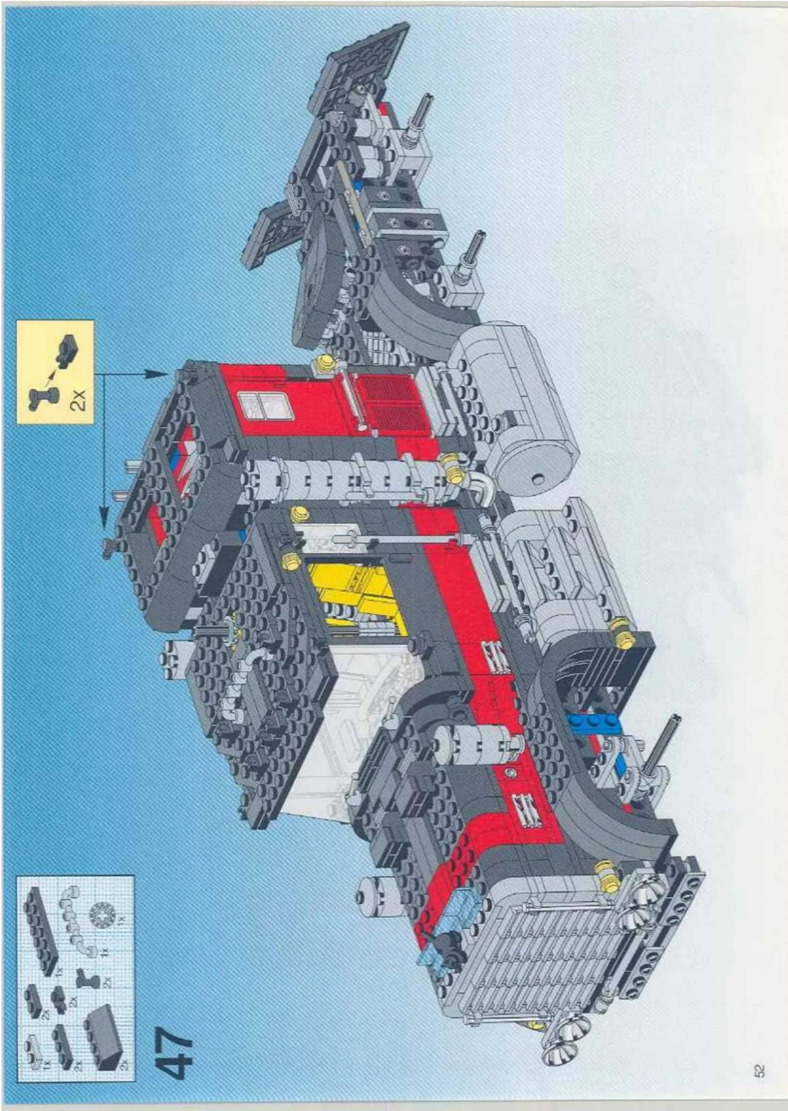 Technical diagram of a LEGO mechanical assembly with labeled parts and component annotations