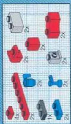 Collection of 3D-printed mechanical parts (red, gray, blue) with no visible text or symbols on the parts themselves.