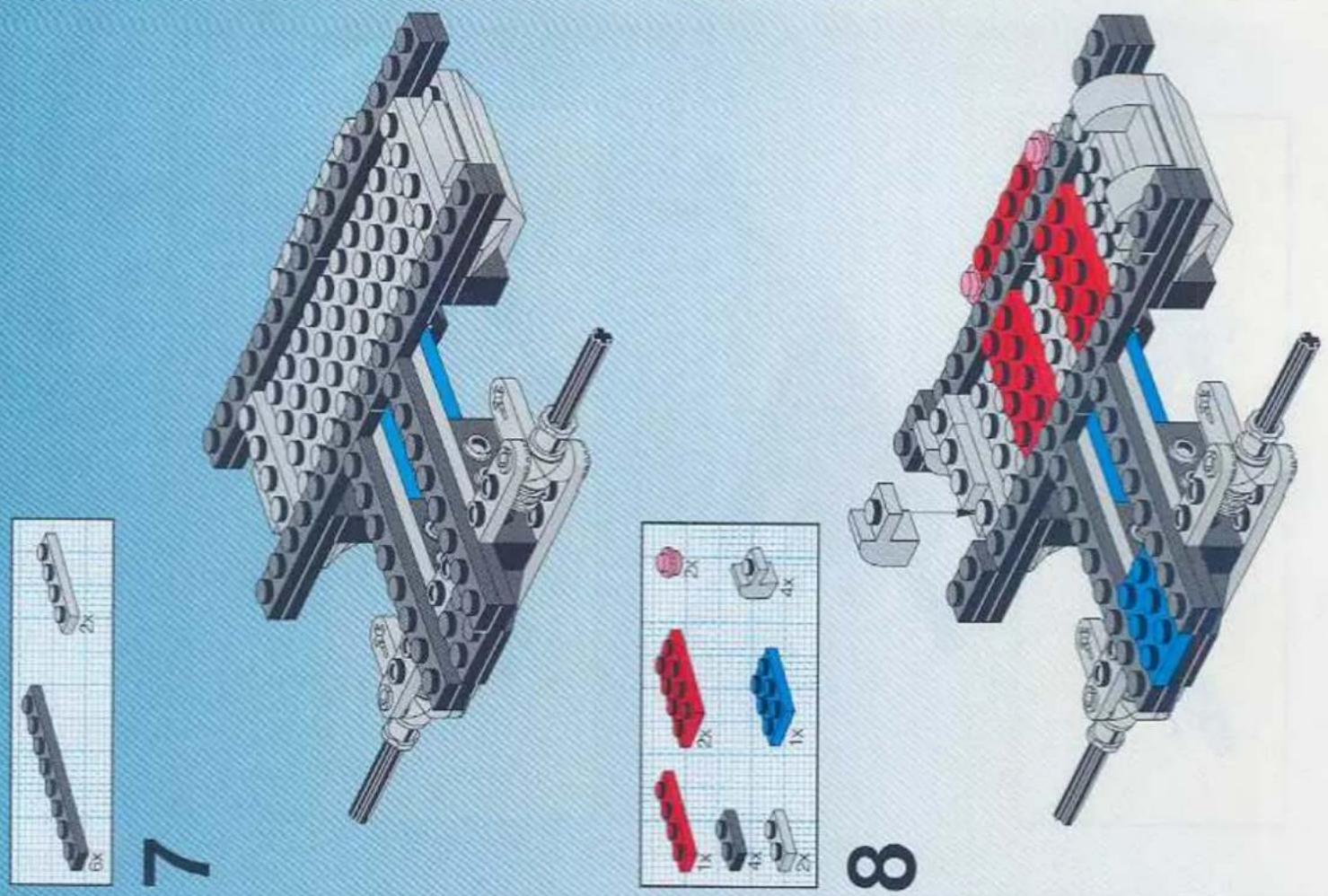 Illustration of two LEGO mechanical components with highlighted sections and a small inset showing 2x, 4x, and 1x magnified views (no text or symbols)