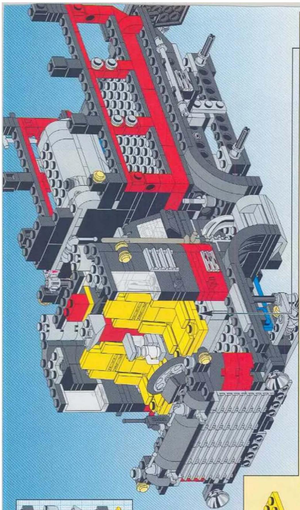 Technical illustration of a LEGO mechanical assembly with red and yellow components (no visible text or symbols)