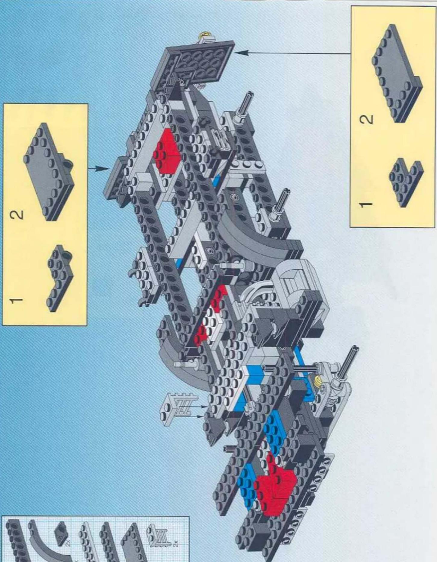 Technical diagram of a LEGO mechanical assembly with labeled parts and exploded views