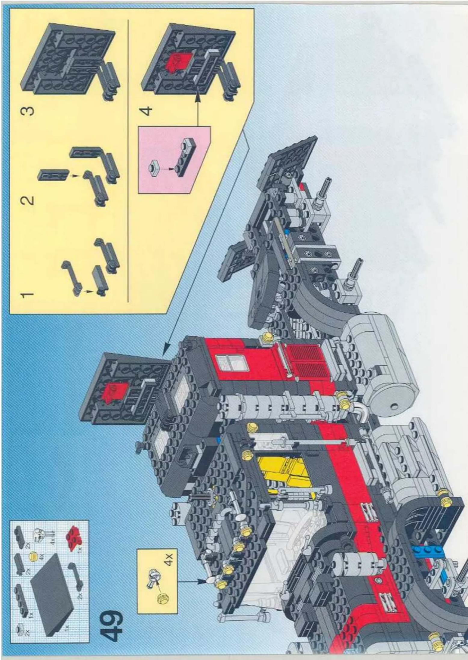 Lego assembly diagram showing step-by-step assembly of a mechanical structure with numbered components and component details
