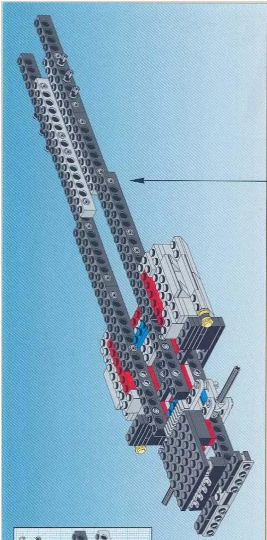 Technical illustration of a LEGO mechanical assembly with no visible text or symbols