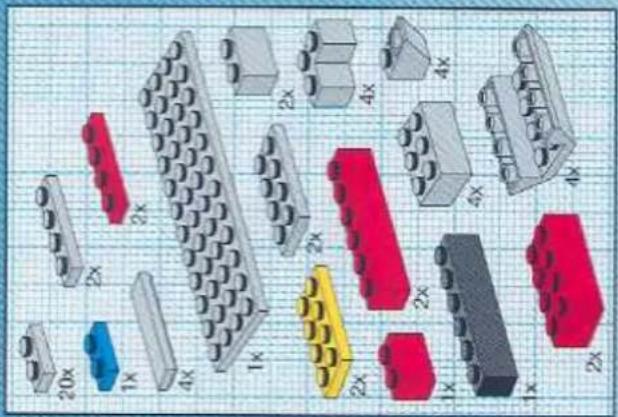 Exploded view diagram of various LEGO blocks on grid paper (no text or labels)