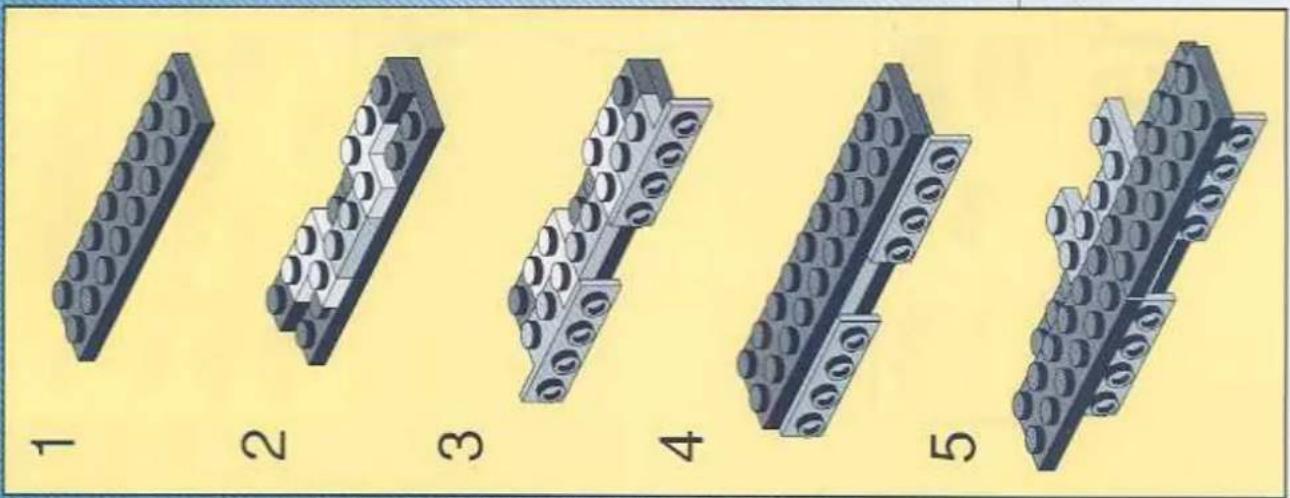 Five 3D LEGO mechanical components arranged in a row, labeled 1 to 5 (no text or symbols on the blocks themselves)