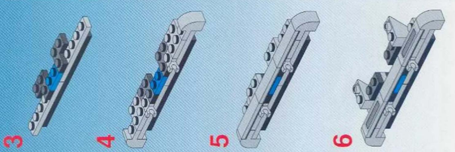Four 3D mechanical assembly diagrams showing progressive assembly from component 3 to 6, with no visible text or symbols.