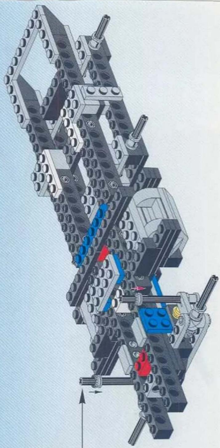 Technical illustration of a mechanical assembly with LEGO blocks and internal components (no text or symbols)