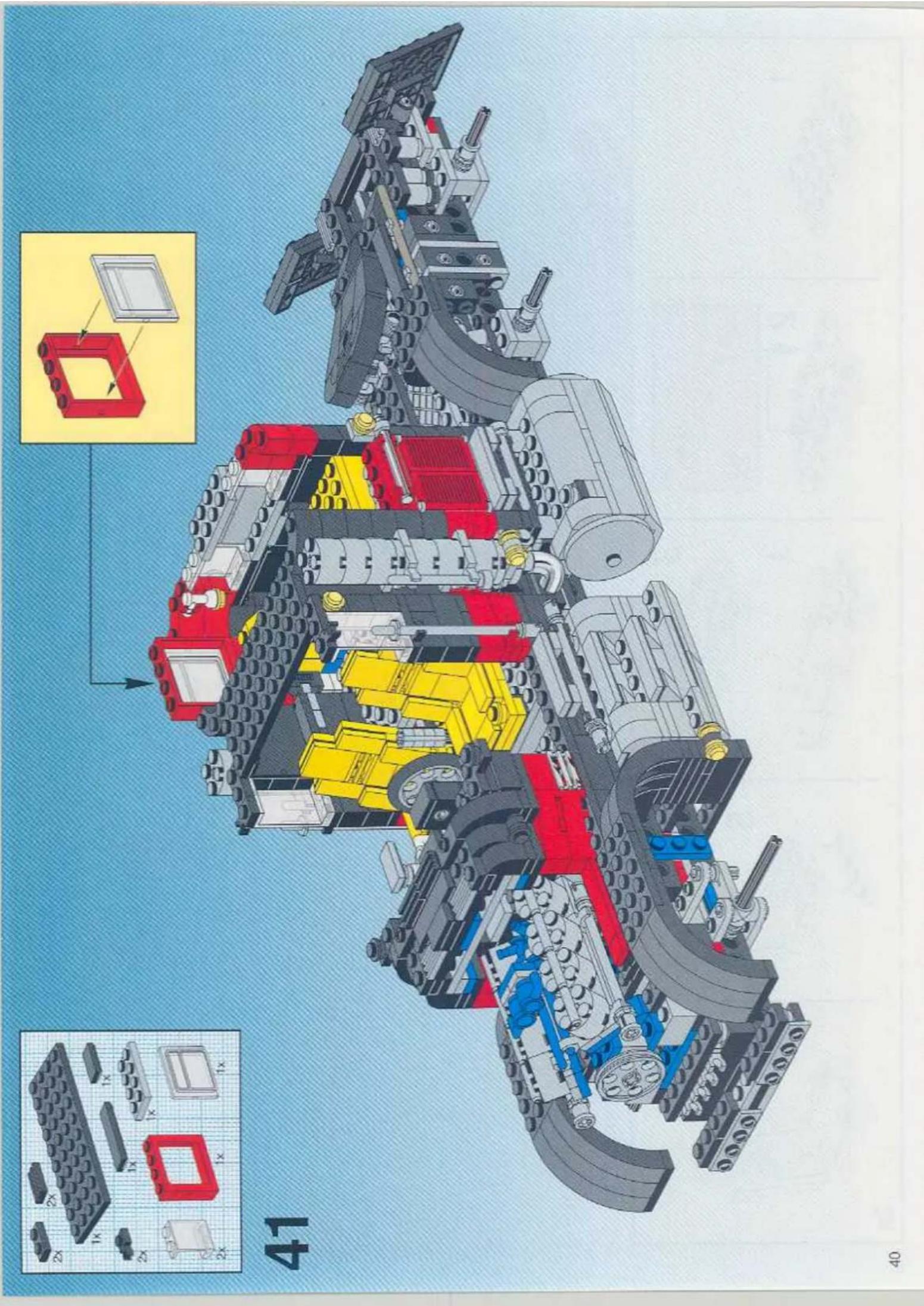 Technical diagram of a LEGO car with labeled components and assembly instructions, including exploded view and part numbers.