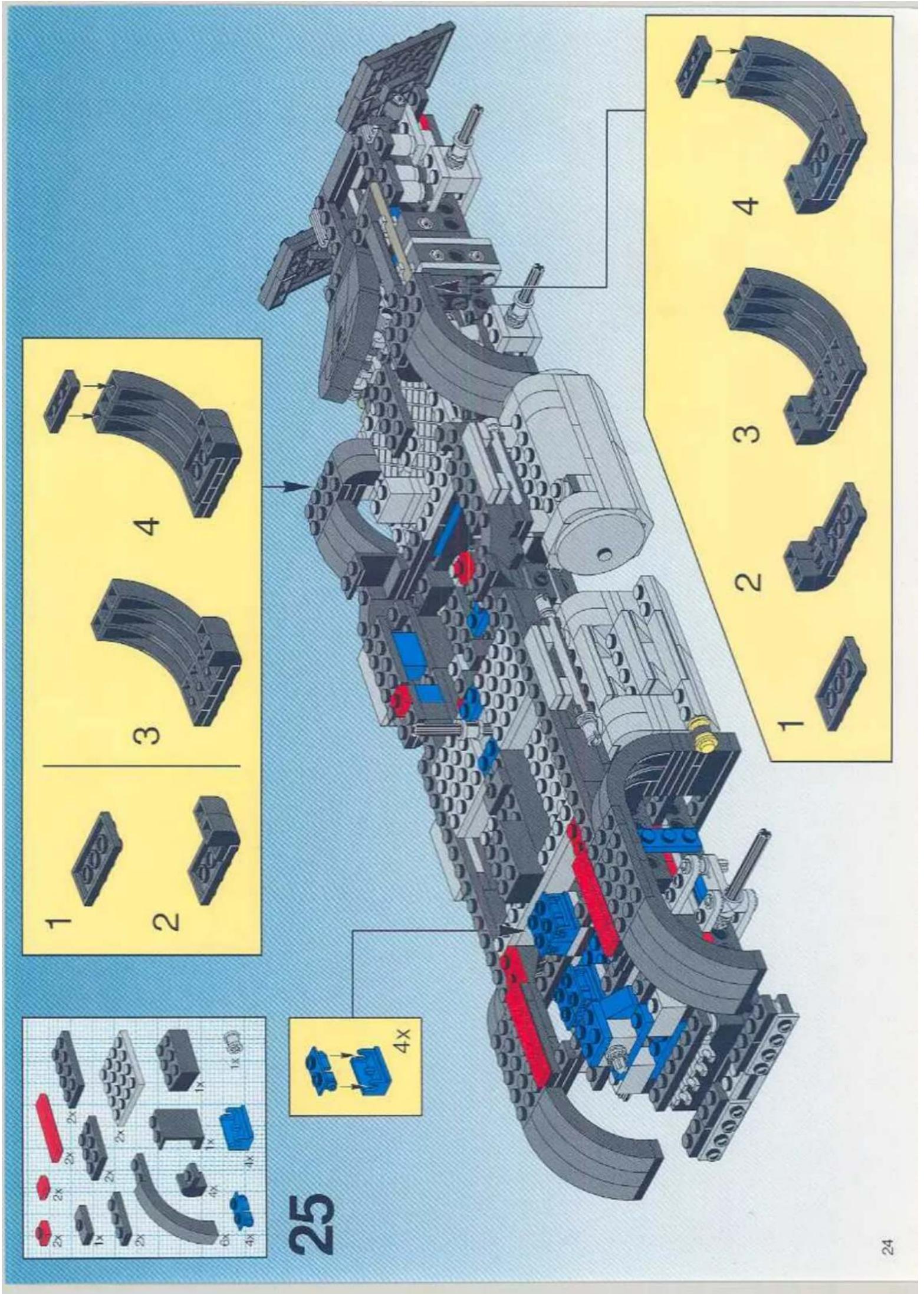 Technical diagram of a LEGO mechanical assembly with numbered parts and exploded view, showing exploded views and component layout.