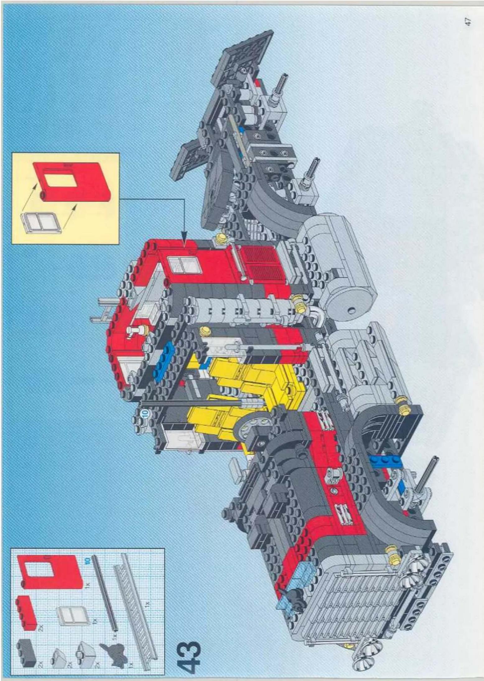 Technical diagram of a LEGO car with labeled components and exploded view, showing assembly details and component layout.