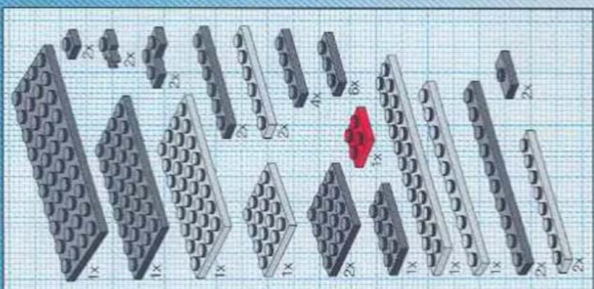 Diagram of various LEGO blocks arranged in rows on a grid background, with one block highlighted in red (no text or symbols present)