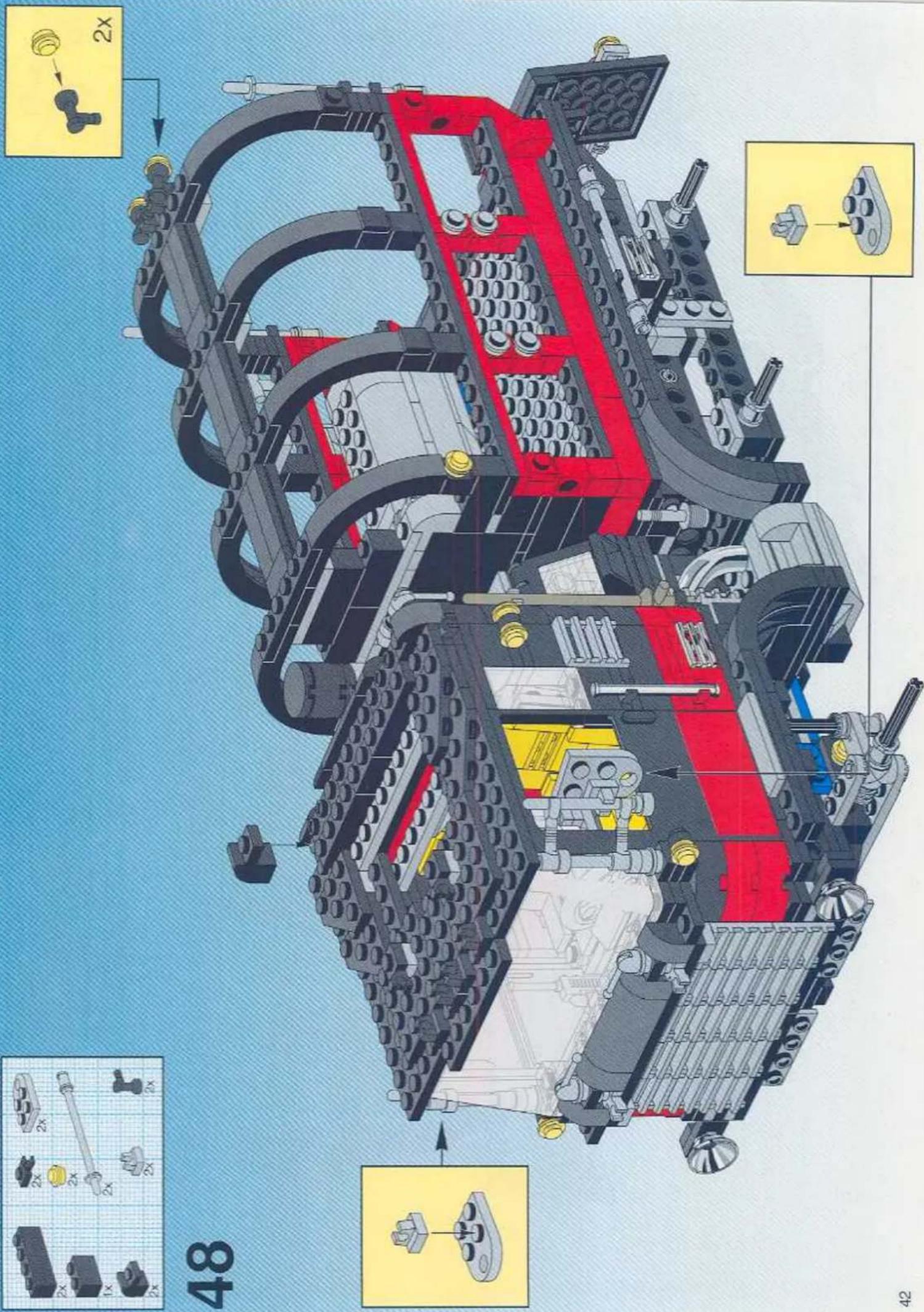 Technical diagram of a LEGO mechanical assembly with labeled parts and exploded view, showing structural components and assembly details.