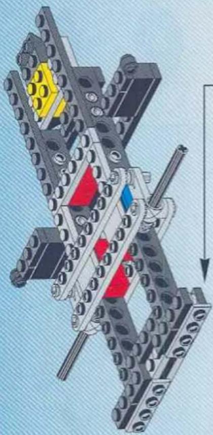 Mechanical assembly diagram of a multi-tiered robotic structure with highlighted components and directional arrow (no text or symbols)