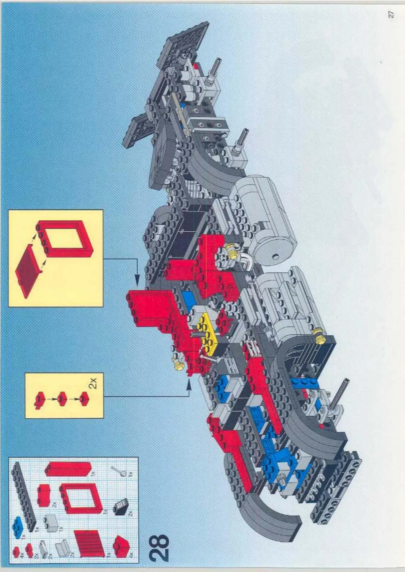 Lego assembly diagram with labeled parts and 2x magnified views showing component layout
