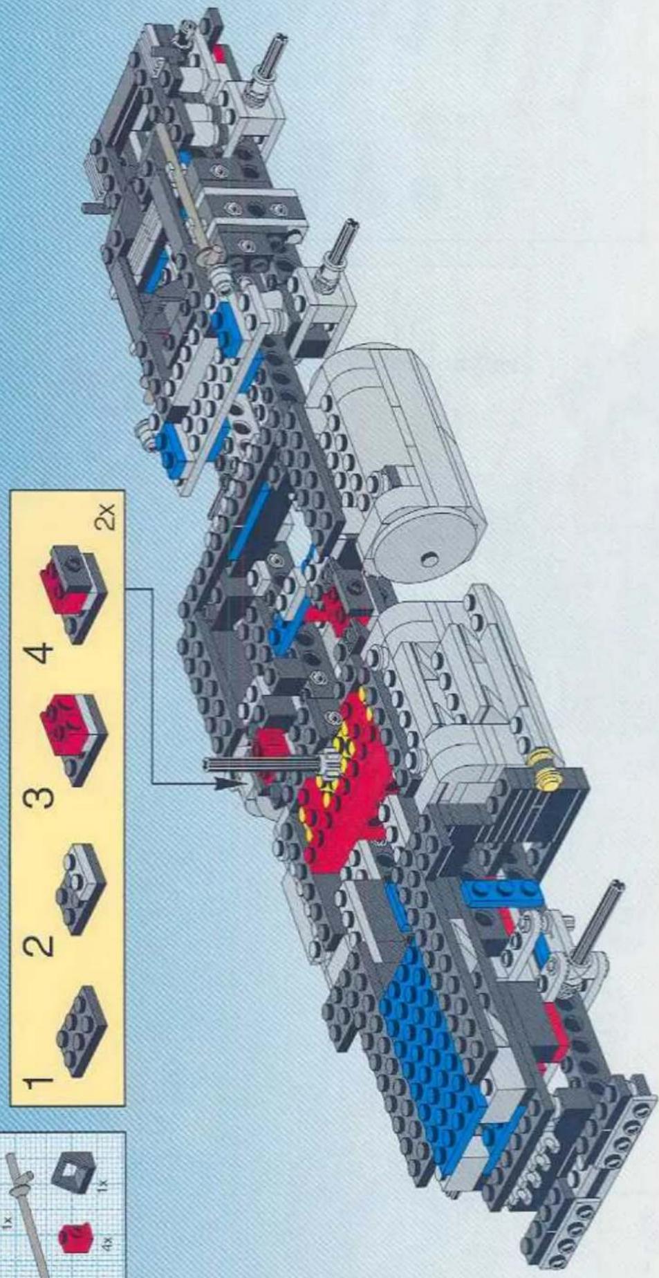 Technical diagram of a LEGO mechanical assembly with numbered components and labeled parts