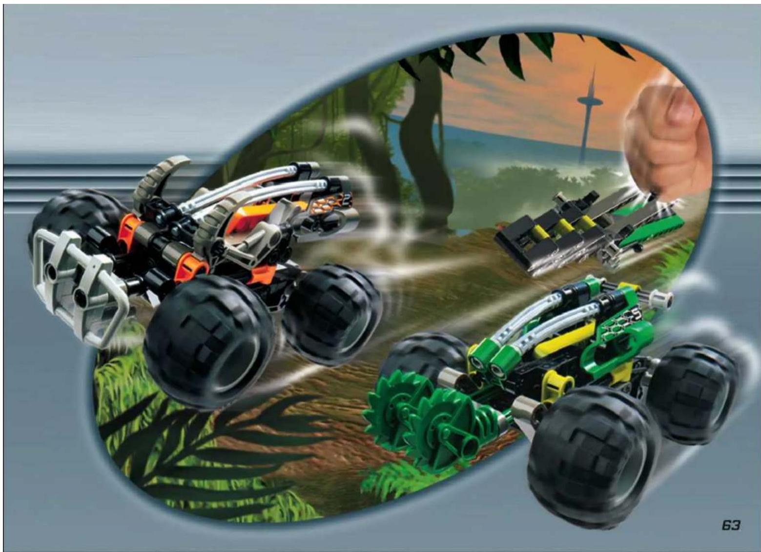 Illustration of two LEGO-style robots in action with a hand holding a fist, set against a tropical forest and sunset background (no text or symbols)