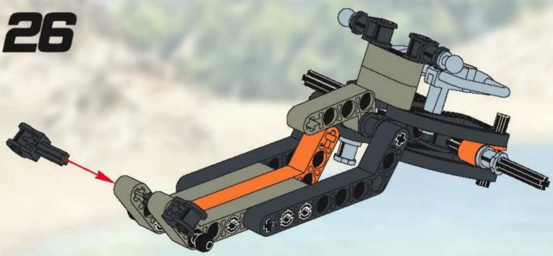 3D mechanical assembly diagram showing a rocket launcher system with orange and black components, no visible text or symbols