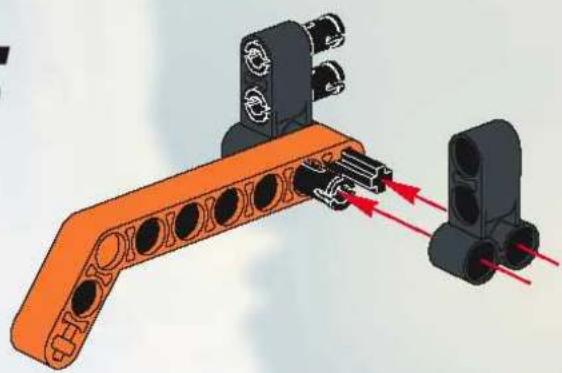 3D mechanical assembly diagram showing orange bracket with multiple circular components and red directional arrows indicating motion (no text or symbols)