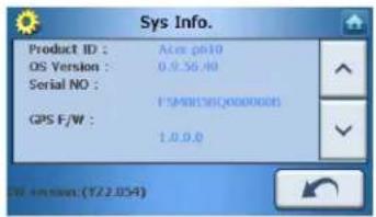 Sys Info. Product ID : Acm p610 OS Version : 0.9.56.40 Serial NO : F:\M08\SMQ0000005 GPS F/W : 1.0.0.0 OK -option: (722.054)