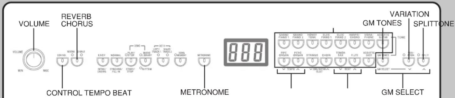 VOLUME REVERB CHORUS CONTROL TEMPO BEAT METRONOME 888 VARIATION GM TONES SPLITTONE GM SELECT