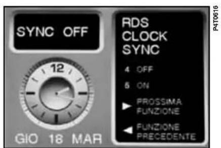 SYNC OFF GIO 18 MAR RDS CLOCK SYNC 4 OFF 5 ON ► PROSSIMA FUNZIONE ► FUNZIONE PRECEDENTE P4T0616