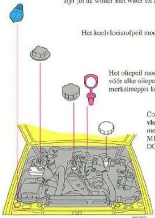 Zijn (in de winter het water en Het koelvlocistofpeil moe Het oliepeil moe vóór elke oliepe merkstreepjes ko Co vlo me MI DC