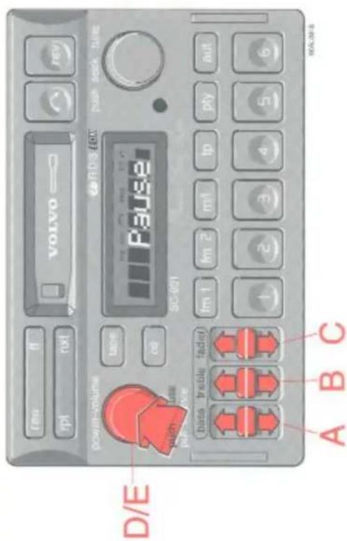 D/E power-volume tace end push push push push push base base fader fm 1 fm 2 mf tp pty aut A B C VOLVO RDS E601 Pause SC-001 SOL-39-B