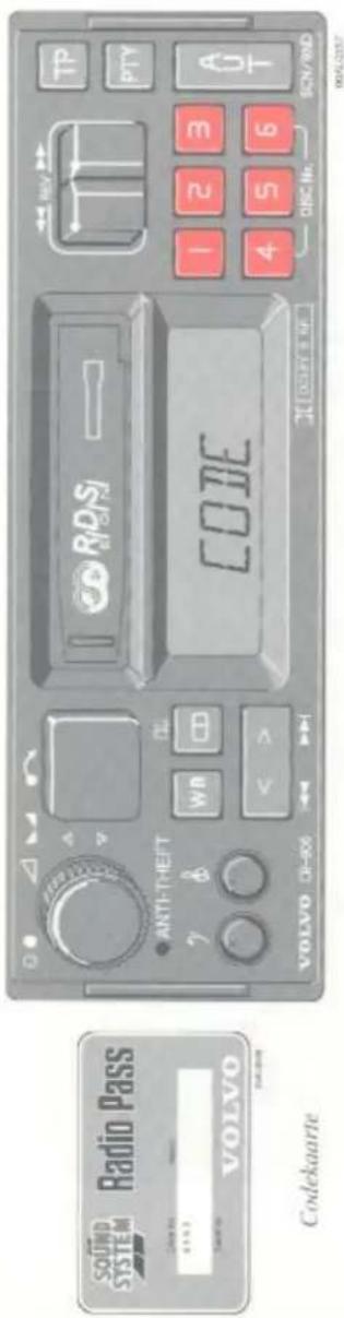 SOUND SYSTEM Radio Pass VOLVO Codekaarte ANTI-THEFT WD CD CODE VOLVO DR-900 REV TP PTY 1 2 3 4 5 6 OBC No. SON/RND 00452357