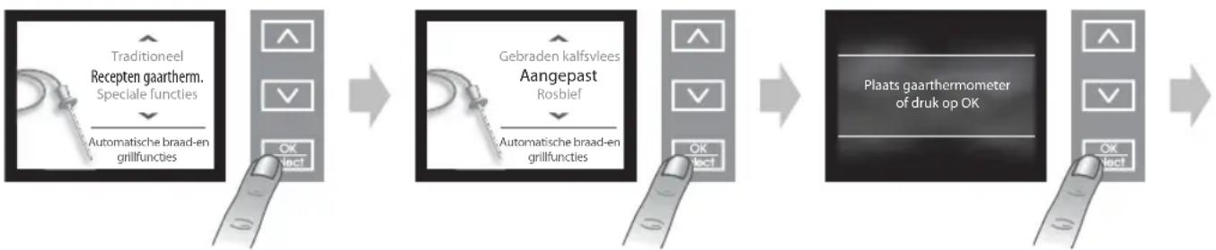 graph LR A["Traditioneel Recepten gaartherm. Speciale functies\nAutomatische braad-en grillfuncties"] --> B["Gebraden kalfsvlees\nAangepast Rosblef\nAutomatische braad-en grillfuncties"] B --> C["Plaats gaarthermometer of druk op OK"]