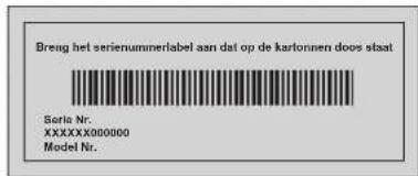 Breng het seriennummerlabel aan dat op de kartonnen doors staat Soria Nr. XXXXXXXX000000 Model Nr.