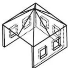 Isometric line drawing of a 3D geometric structure with internal triangular and rectangular elements (no text or symbols)