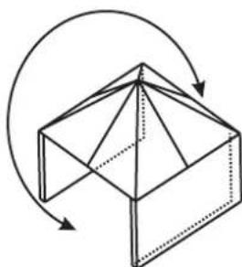 Geometric diagram of a 3D pyramid-like structure with curved arrows indicating rotation or folding (no text or symbols)