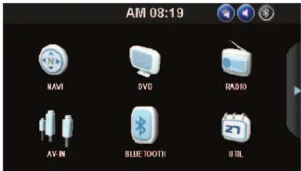 AM 08:19 NAVI DVD RADIO AV-IN BLUE TOOTH UTIL