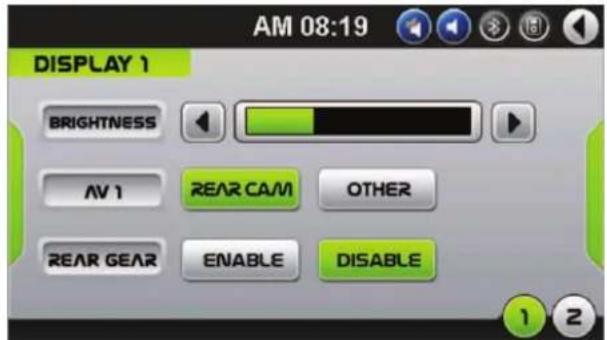 AM 08:19 DISPLAY 1 BRIGHTNESS AV 1 REAR CAM OTHER REAR GEAR ENABLE DISABLE 1 2