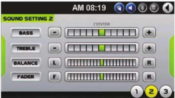 AM 08:19 SOUND SETTING 2 CENTER BASS - + TREBLE - + BALANCE L R FADER F R 1 2 3