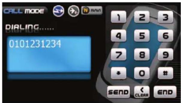 CALL MODE DIALING...... 0101231234 1 2 3 4 5 6 7 8 9 * 0 # SEND < CLEAR END