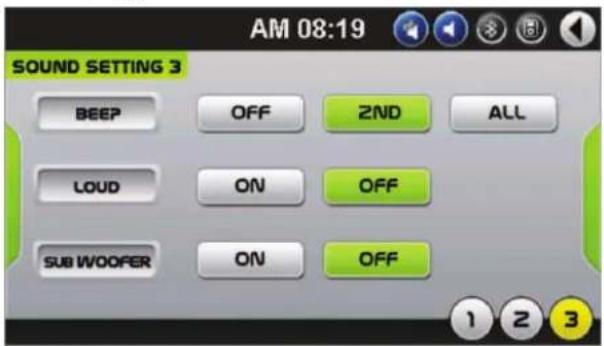 AM 08:19 SOUND SETTING 3 BEEP OFF 2ND ALL LOUD ON OFF SUB WOOPER ON OFF 1 2 3