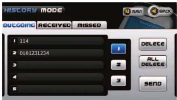 HISTORY MODE OUTGOING RECEIVED MISSED 1 114 2 0101231234 3 4 5 DELETE ALL DELETE SEND