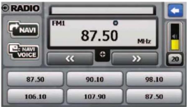 RADIO FM1 87.50 MHz NAVI NAVI VOICE << >> 20 87.50 90.10 98.10 106.10 107.90 87.50