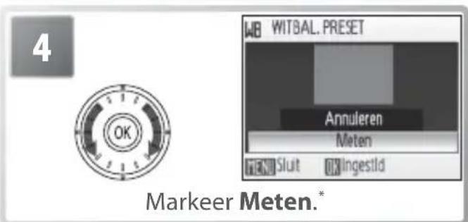 4 OK WITBAL.PRESET Annulieren Meten FEN0 Sluit OK Ingestild Markeer Meten.*