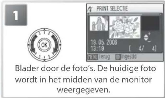 1 PRINT SELECTIE 19.05.2008 13:19 [ 4/ 4] END terug OK ingestid Blader door de foto's. De huidige foto wordt in het midden van de monitor weergegeven.