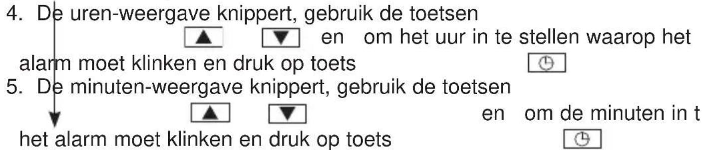 graph TD A["De uren-weergave knippert, gebruik de toetsen"] --> B["alarm moet klinken en druk op toets"] B --> C["5. De minuten-weergave knippert, gebruik de toetsen"] C --> D["het alarm moet klinken en druk op toets"] style A fill:#f9f,stroke:#333 style C fill:#ccf,stroke:#333 style D fill:#cfc,str…