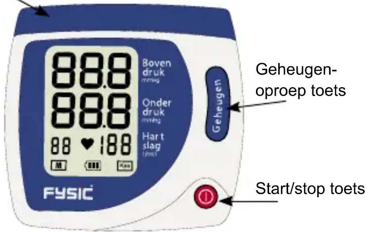 Boven druk mmHg Onder druk mmHg Hart slag time 88.8 88.8 88.8 188 M Kan Geheugen- oproep toets FYSIC Start/stop toets
