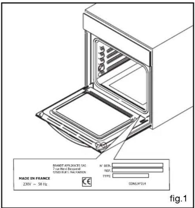 BRANOT APPLIANCES SAS 7 true Henri Becquenel 02500 BUEL MAL PABSON N° SER. NEP. TYPE CONS.N°214 MADE IN FRANCE 230V ~ 50 Hz CE fig.1