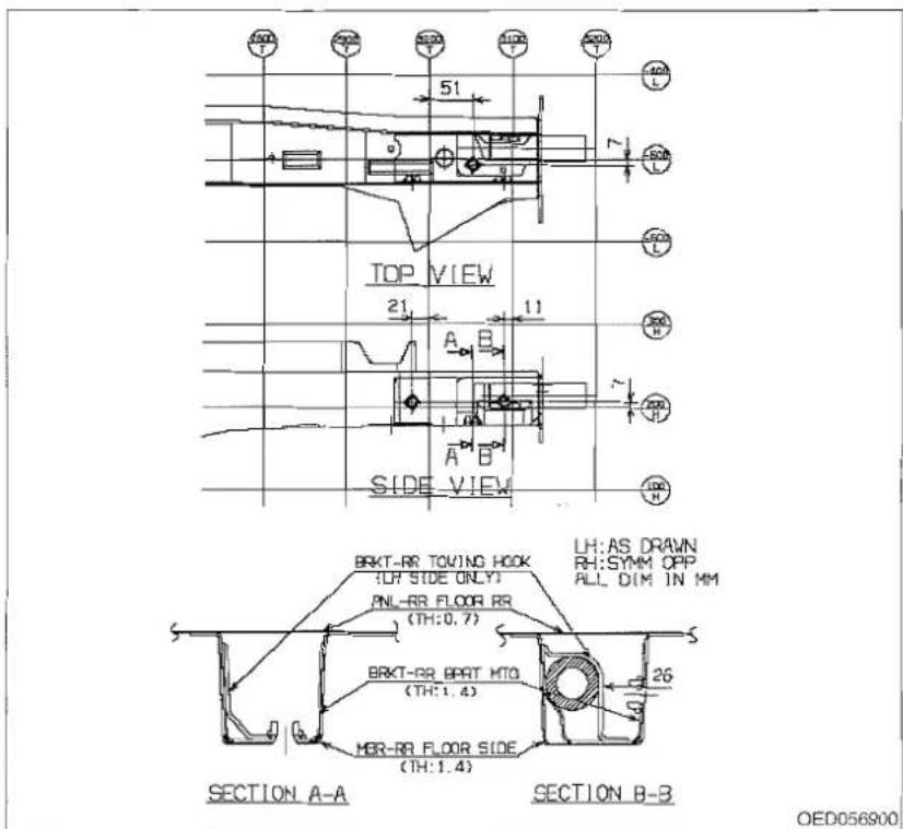 TOP VIEW 21 A B SIDE VIEW BRKT-RR TOVING HOOK (LH SIDE ONLY) PNL-RR FLOOR RR (TH:0.7) BRKT-RR APAT MTO (TH:1.4) MER-RR FLOOR SIDE (TH:1.4) SECTION A-A SECTION B-B LH:AS DRAWN RH:SYMM OPP ALL DIM IN MM 26 OED056900
