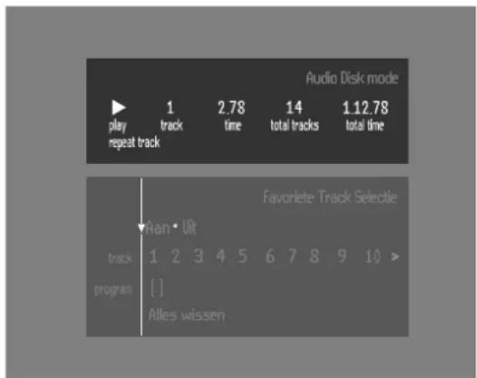 Audio Disk mode play 1 2.78 14 1.12.78 repeat track time total tracks total time Favorlete Track Selectie van • Uit track 1 2 3 4 5 6 7 8 9 10 > program [] Alles wissen