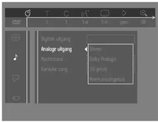 Digital uitgang Analoge uitgang Nachtstand Karaoke zang Stereo Dolby Prologic 30-geluid Meerkanaalsgeluid