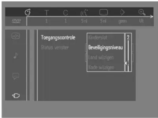 Toegangscontrole Status venster Kinderslot Beveiligingsniveau Land wizigen Kode wizigen