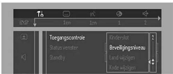 Toegangscontrole Status venster Standby Kinderslot Beveiligingsniveau Land wijzigen Kode wijzigen